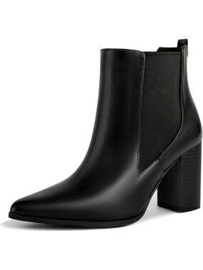 Women's Black/Elastic Chunky High Heel Ankle Dess Booties Faux Leather Pull-On